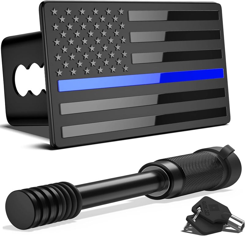 OGYE 2.5 Inch American Flag Trailer Hitch Cover, Fit for 2.5 Inch Hitch Receivers (with 5/8" Pin Dia Anti-Theft Trailer Hitch Lock)，Black&Thin Blue line - Image 1